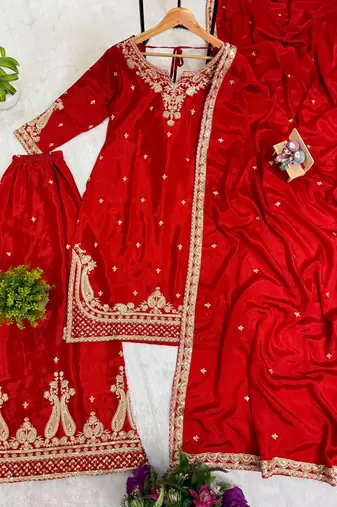 Red silk blend embroidered palazzo set