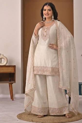 White silk blend embroidered palazzo set