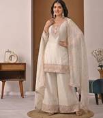 White silk blend embroidered palazzo set
