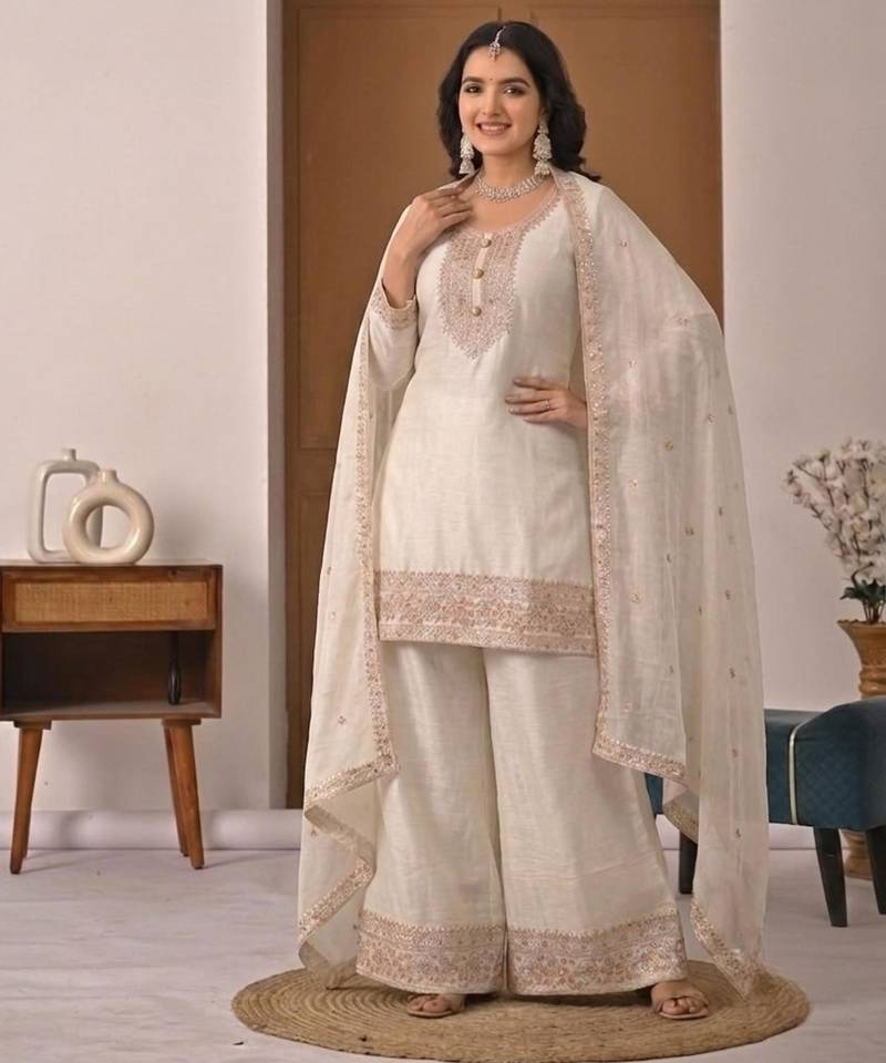 White silk blend embroidered palazzo set