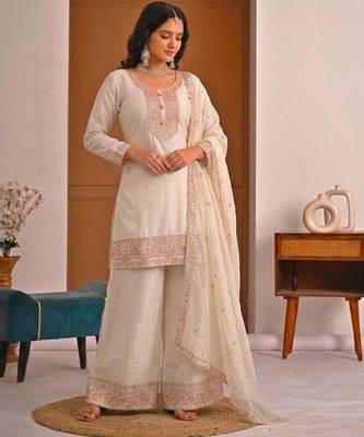 White silk blend embroidered palazzo set 2