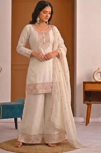 White silk blend embroidered palazzo set