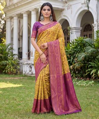 MUSTARD WINE ART SILK BANARASI JACUARD WORK SAREE WITH UNSTITCHED BLOUSE PIECE 1