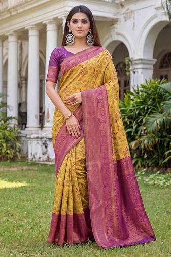 MUSTARD WINE ART SILK BANARASI JACUARD WORK SAREE WITH UNSTITCHED BLOUSE PIECE