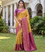 MUSTARD WINE ART SILK BANARASI JACUARD WORK SAREE WITH UNSTITCHED BLOUSE PIECE