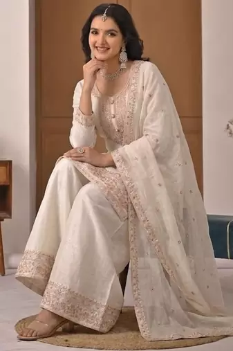 White silk blend embroidered palazzo set