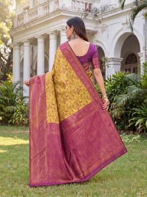 MUSTARD WINE ART SILK BANARASI JACUARD WORK SAREE WITH UNSTITCHED BLOUSE PIECE 2