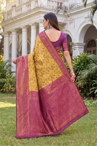 MUSTARD WINE ART SILK BANARASI JACUARD WORK SAREE WITH UNSTITCHED BLOUSE PIECE