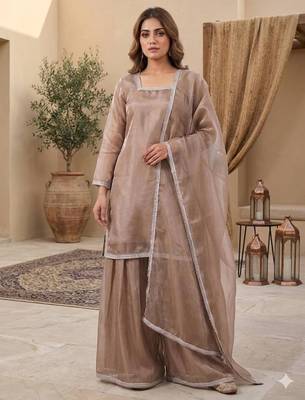Brown silk blend embroidered palazzo set 1
