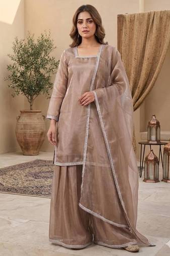 Brown silk blend embroidered palazzo set