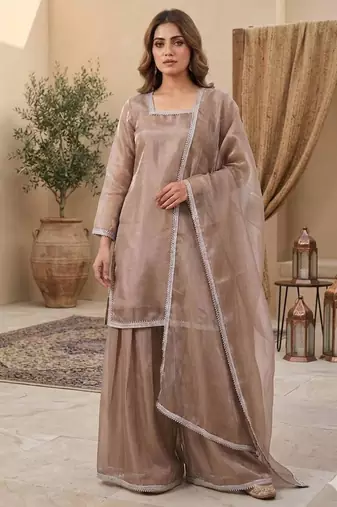 Brown silk blend embroidered palazzo set