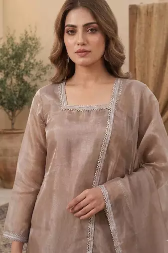 Brown silk blend embroidered palazzo set