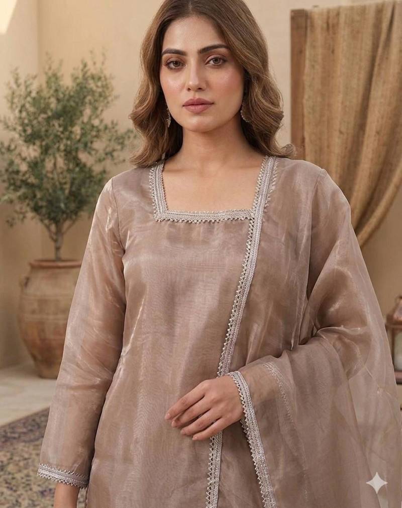 Brown silk blend embroidered palazzo set