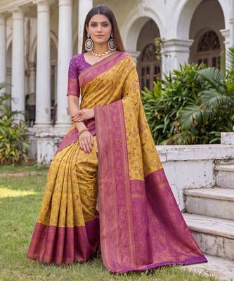 MUSTARD WINE ART SILK BANARASI JACUARD WORK SAREE WITH UNSTITCHED BLOUSE PIECE 3