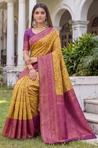 MUSTARD WINE ART SILK BANARASI JACUARD WORK SAREE WITH UNSTITCHED BLOUSE PIECE