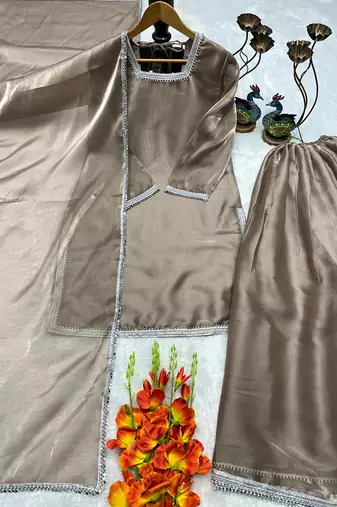 Brown silk blend embroidered palazzo set
