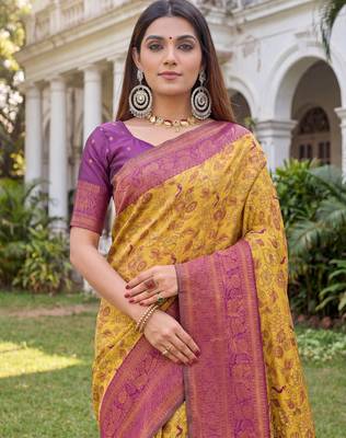 MUSTARD WINE ART SILK BANARASI JACUARD WORK SAREE WITH UNSTITCHED BLOUSE PIECE 4
