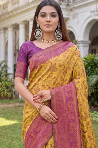MUSTARD WINE ART SILK BANARASI JACUARD WORK SAREE WITH UNSTITCHED BLOUSE PIECE