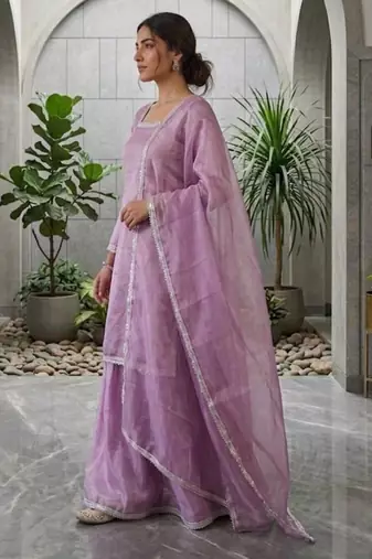 Lavender silk blend embroidered palazzo set