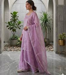 Lavender silk blend embroidered palazzo set