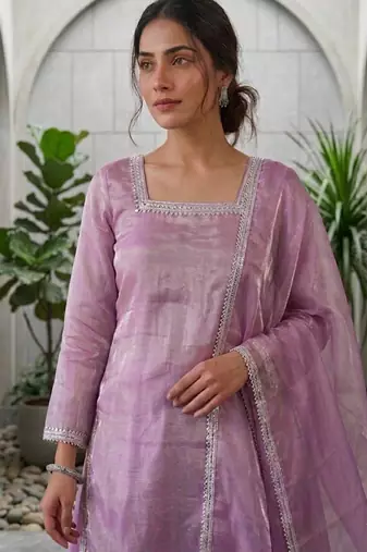 Lavender silk blend embroidered palazzo set