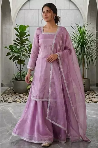 Lavender silk blend embroidered palazzo set