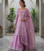 Lavender silk blend embroidered palazzo set