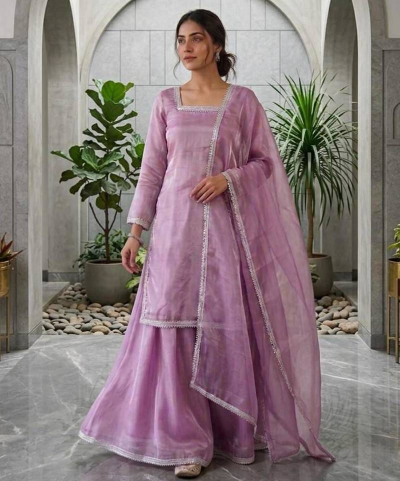 Lavender silk blend embroidered palazzo set