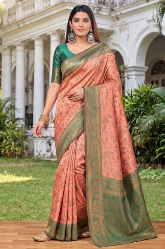 PEACH GREEN ART SILK BANARASI JACUARD WORK SAREE WITH UNSTITCHED BLOUSE PIECE