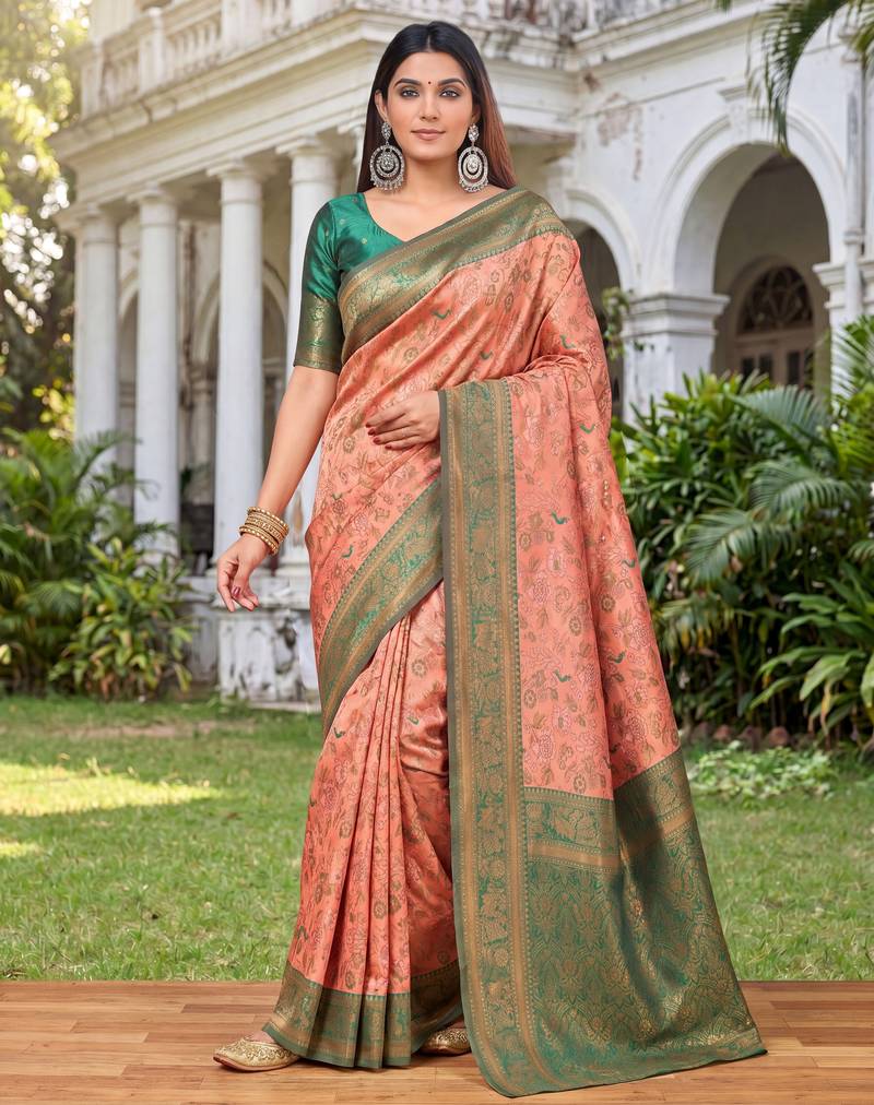 PEACH GREEN ART SILK BANARASI JACUARD WORK SAREE WITH UNSTITCHED BLOUSE PIECE