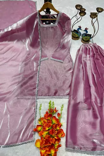 Lavender silk blend embroidered palazzo set