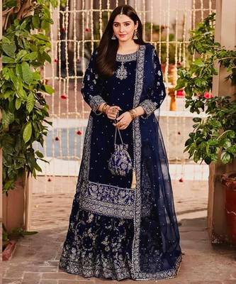 Navy-blue velvet embroidered sharara set 1