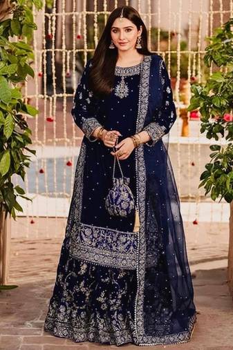 Navy-blue velvet embroidered sharara set