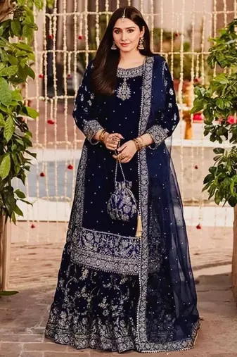 Navy-blue velvet embroidered sharara set