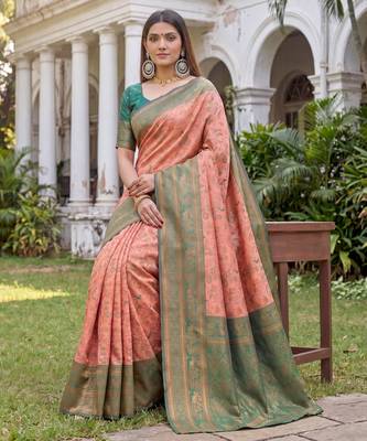 PEACH GREEN ART SILK BANARASI JACUARD WORK SAREE WITH UNSTITCHED BLOUSE PIECE 2