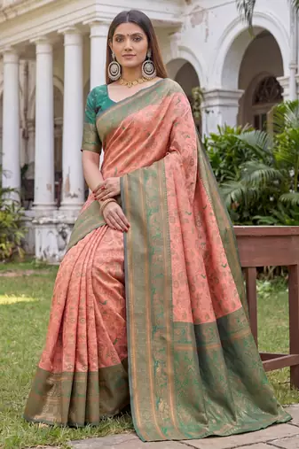 PEACH GREEN ART SILK BANARASI JACUARD WORK SAREE WITH UNSTITCHED BLOUSE PIECE