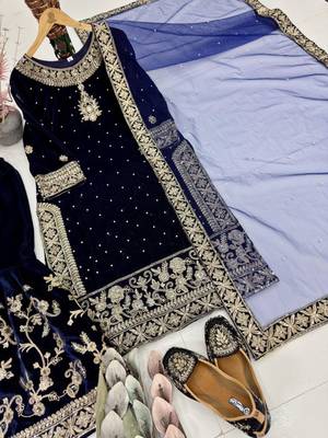 Navy-blue velvet embroidered sharara set 2