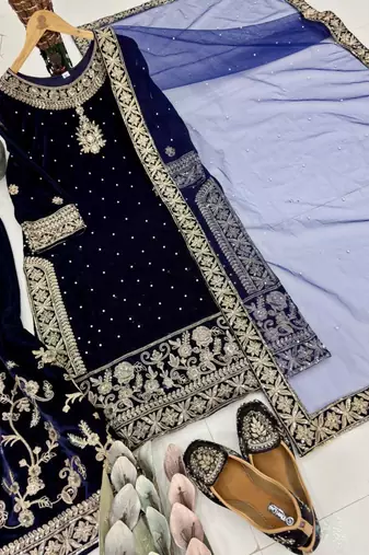 Navy-blue velvet embroidered sharara set