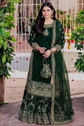 Green velvet embroidered sharara set
