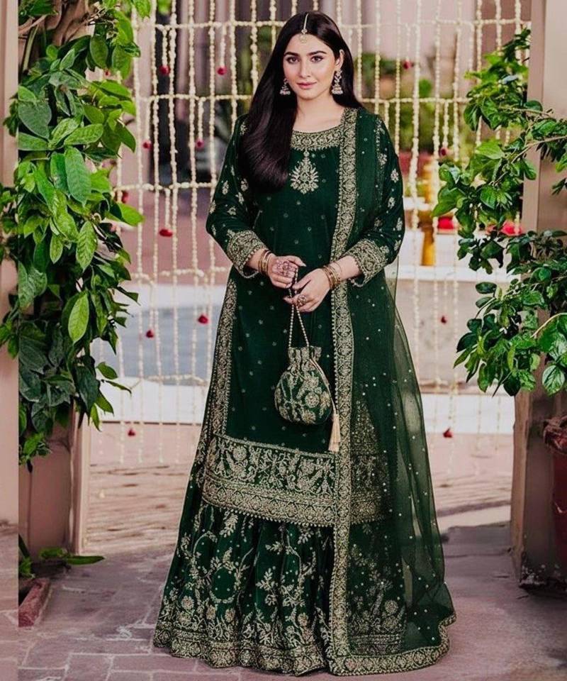Green velvet embroidered sharara set