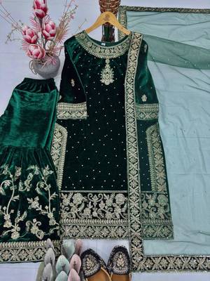 Green velvet embroidered sharara set 2