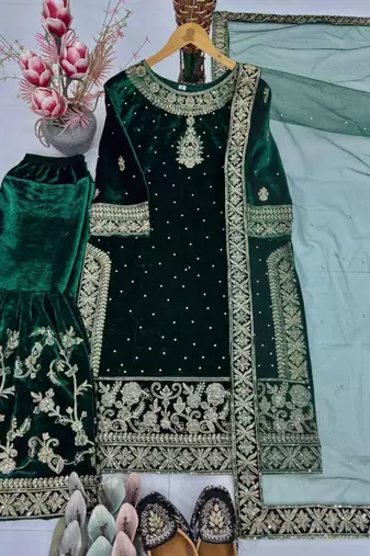 Green velvet embroidered sharara set