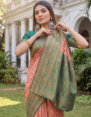 PEACH GREEN ART SILK BANARASI JACUARD WORK SAREE WITH UNSTITCHED BLOUSE PIECE 4