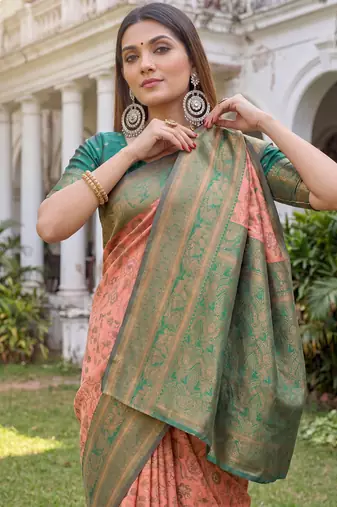 PEACH GREEN ART SILK BANARASI JACUARD WORK SAREE WITH UNSTITCHED BLOUSE PIECE