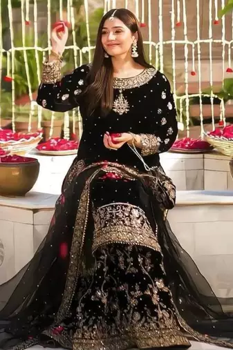 Black velvet embroidered sharara set