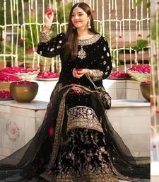 Black velvet embroidered sharara set