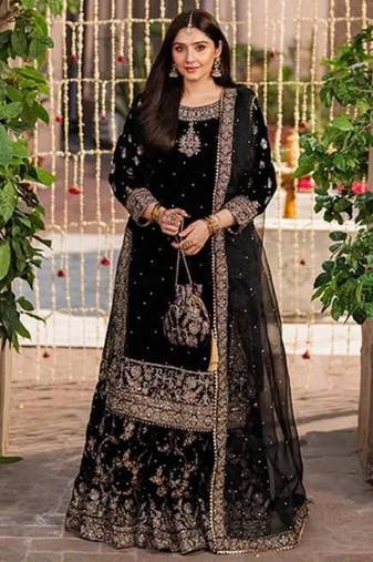 Black velvet embroidered sharara set
