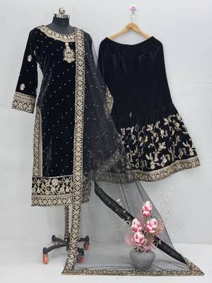 Black velvet embroidered sharara set 3