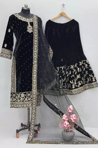 Black velvet embroidered sharara set