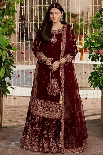 Red velvet embroidered sharara set